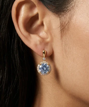 Gold plated drop earrings with round diamond finish crystal halo design for women