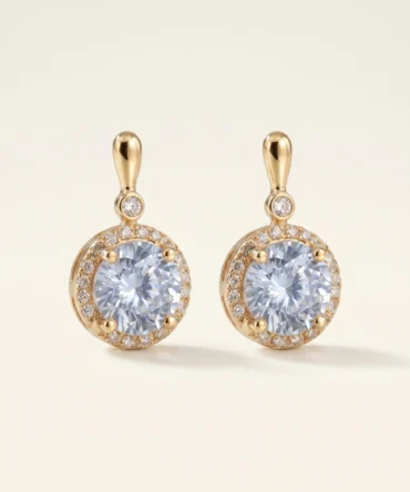 Gold plated drop earrings with round diamond finish crystal halo design for women