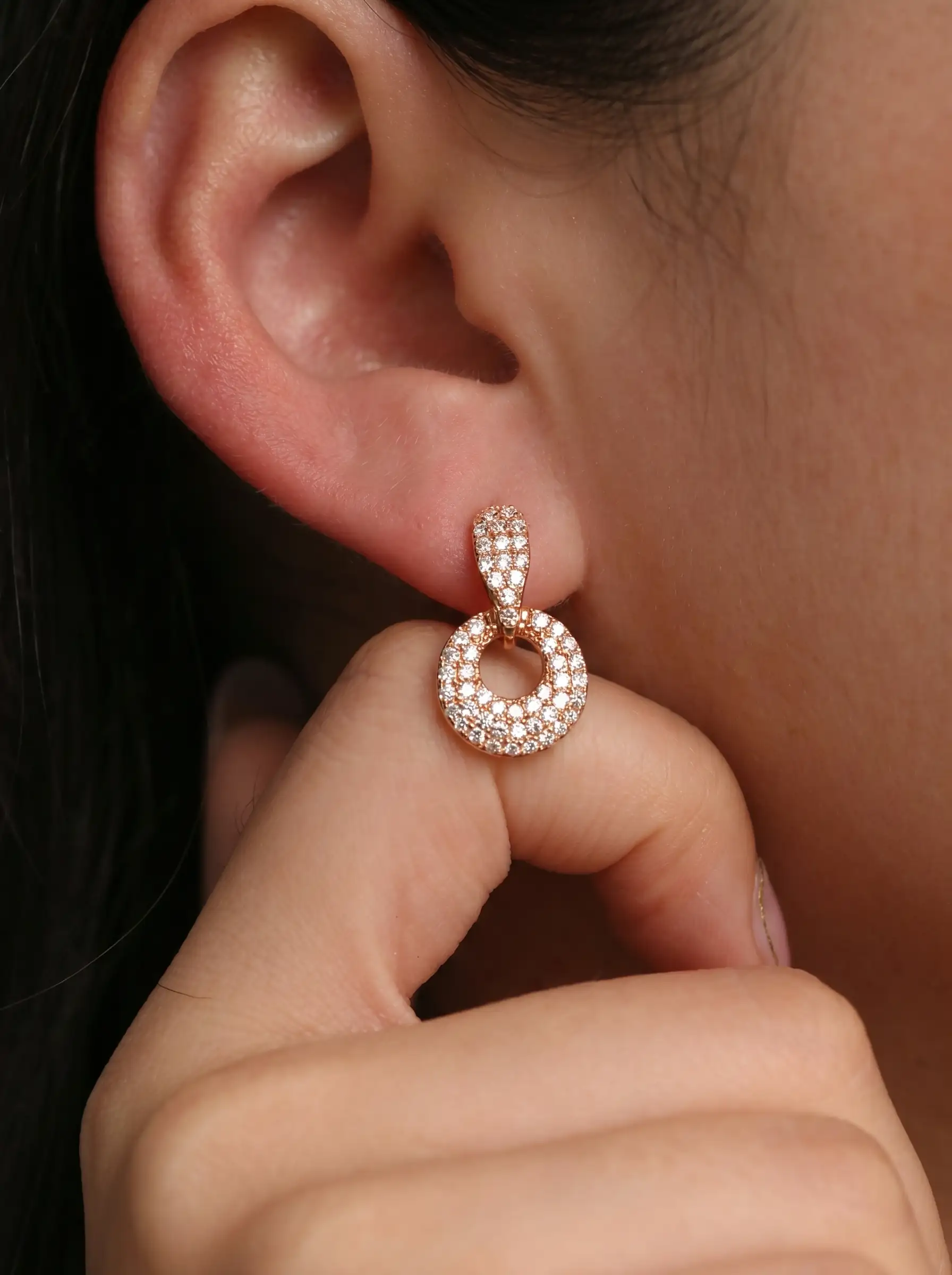 Rose gold plated loop earrings with diamond finish crystals for women