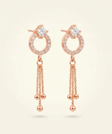 Rose gold plated drop earrings with diamond finish crystals and tassel chain detail for women