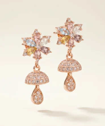 Rose gold plated floral drop earrings with diamond finish crystals and pastel stones for women