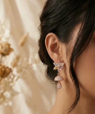 Rose gold plated floral drop earrings with diamond finish crystals and pastel stones for women