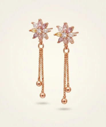 Rose gold plated floral tassel earrings with diamond finish crystals and pastel stones for women
