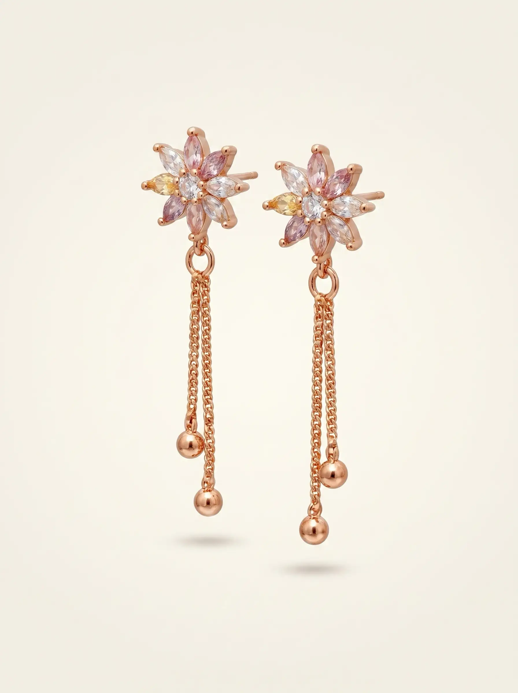 Rose gold plated floral tassel earrings with diamond finish crystals and pastel stones for women