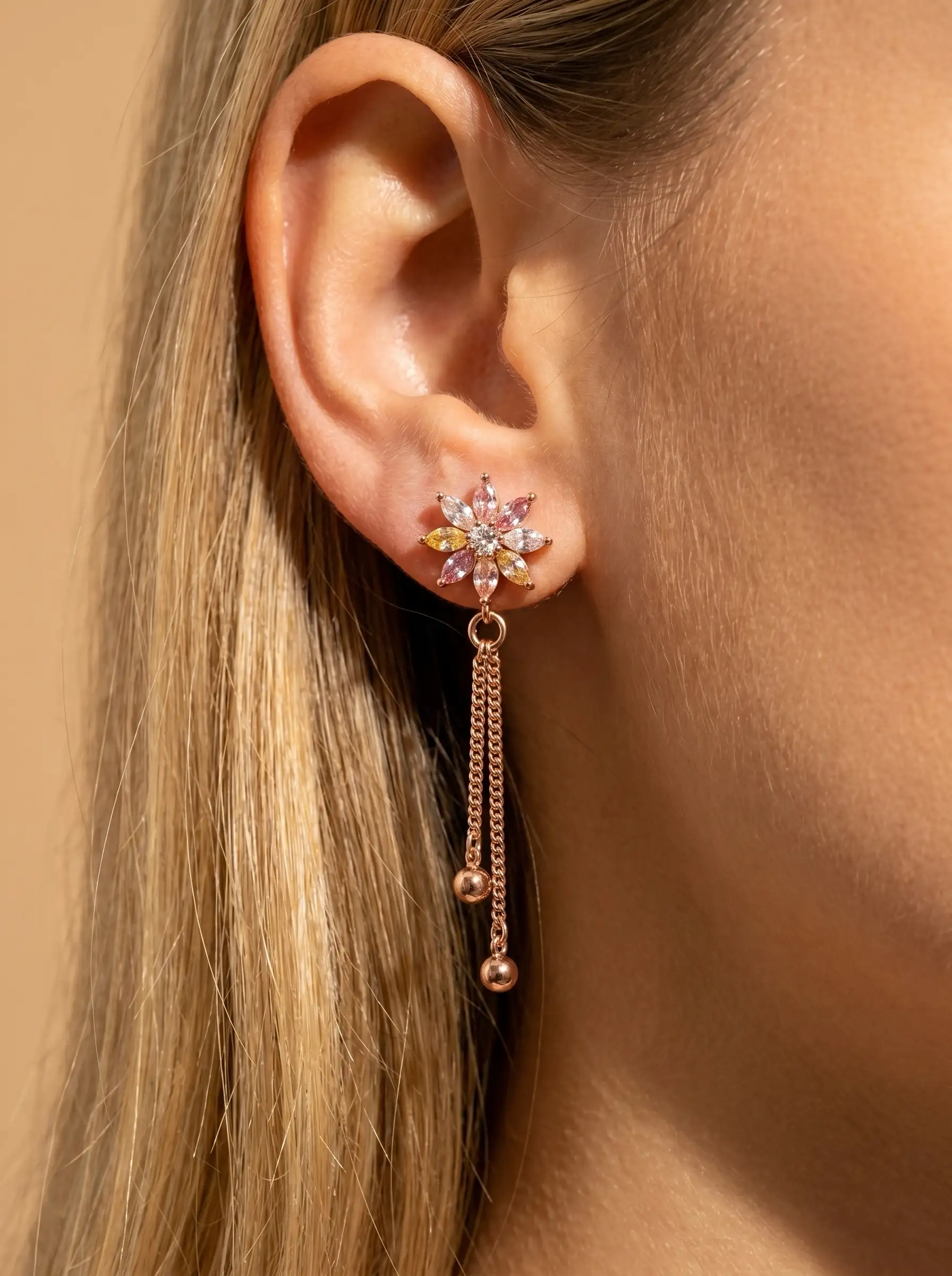 Rose gold plated floral tassel earrings with diamond finish crystals and pastel stones for women