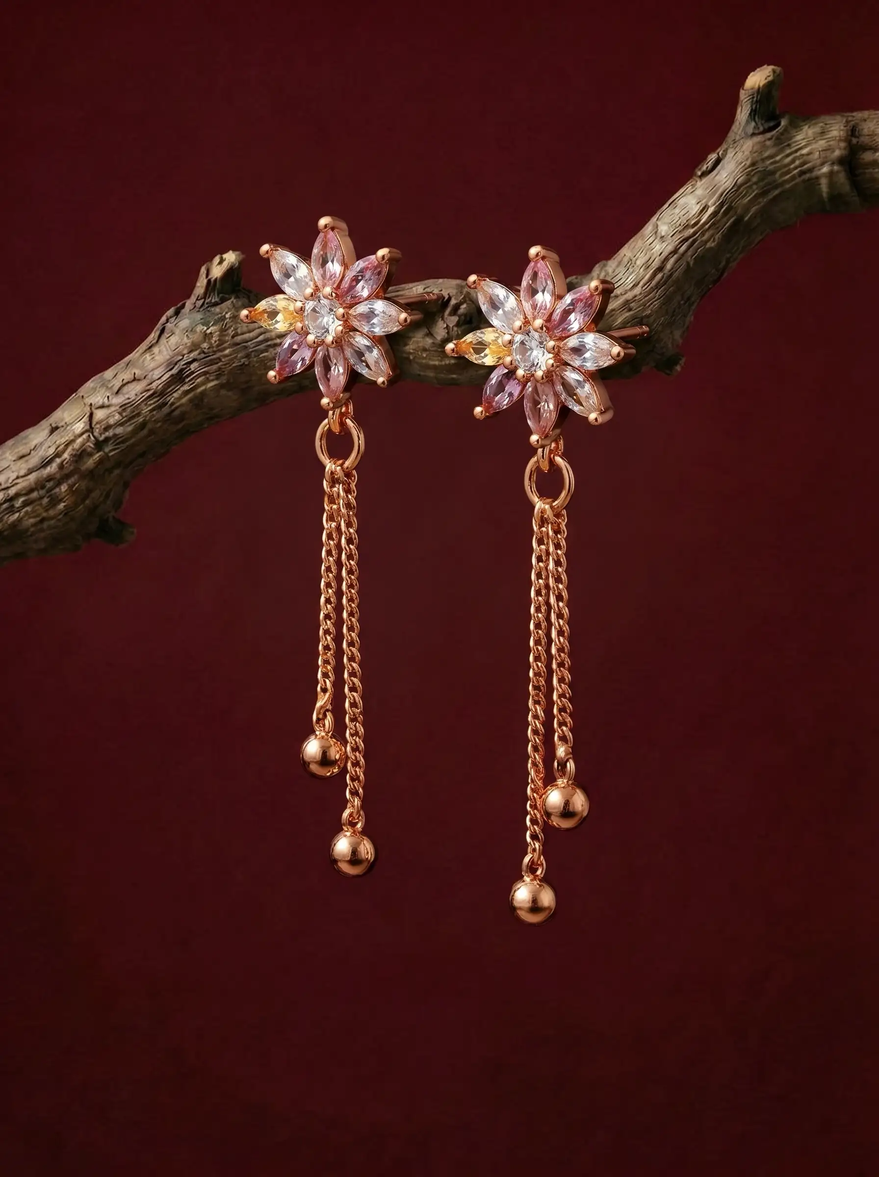 Rose gold plated floral tassel earrings with diamond finish crystals and pastel stones for women