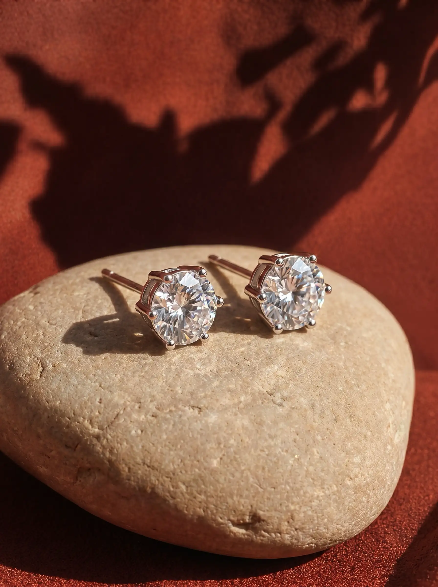 Silver tone solitaire stud earrings with round crystal and multi prong setting for women