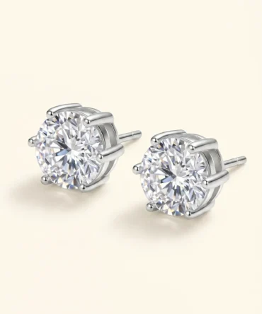 Silver tone solitaire stud earrings with round crystal and multi prong setting for women