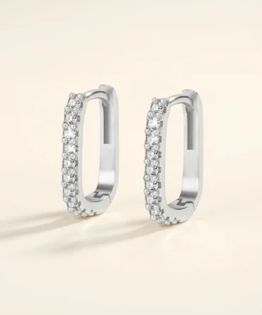 Silver tone geometric hoop earrings with crystal studded front design for women
