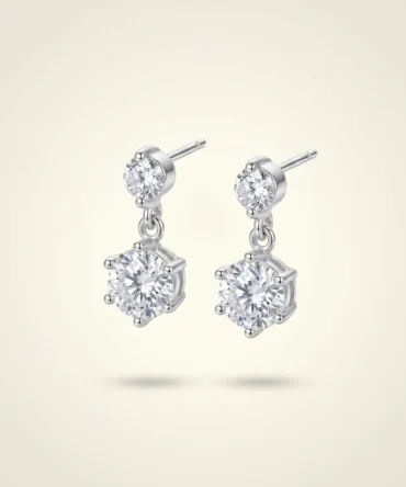 Silver tone double drop earrings with round crystal solitaire design for women