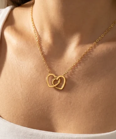 Gold plated double heart pendant necklace on fine chain for women