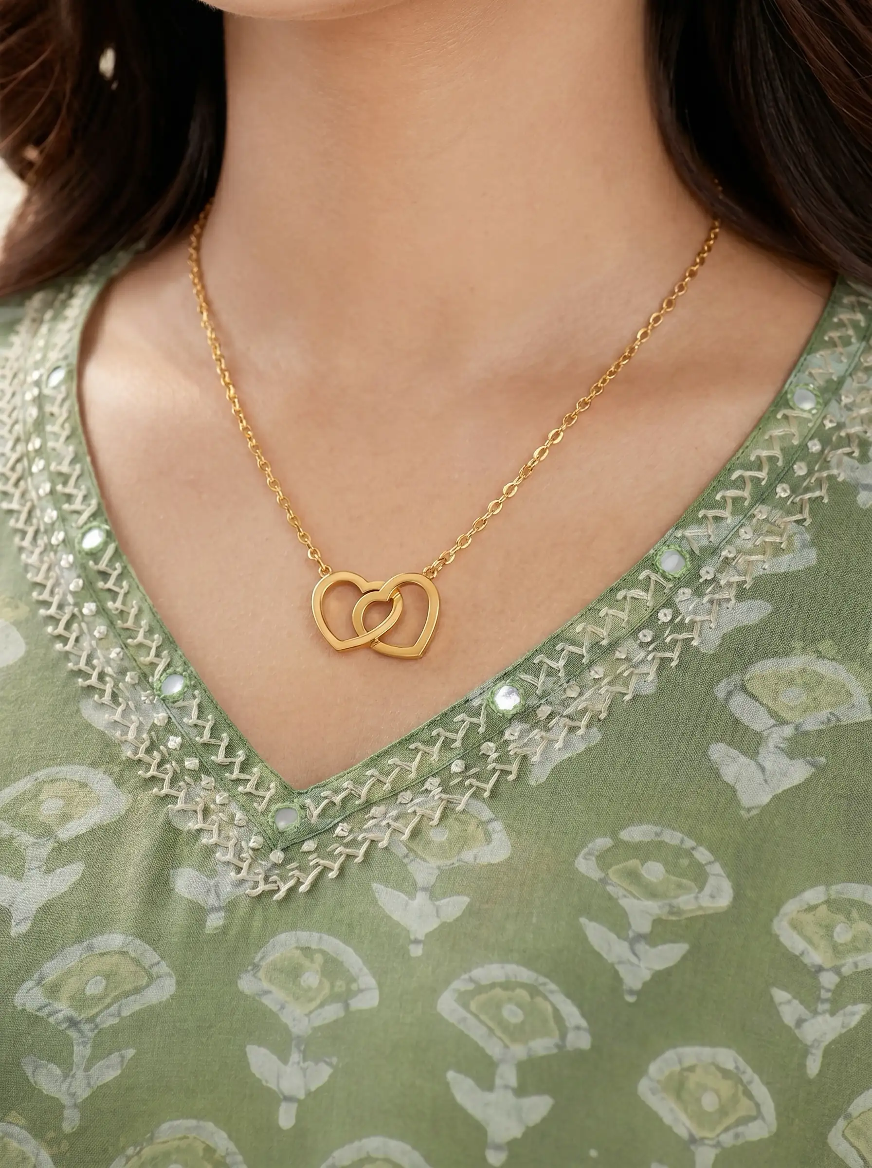 Gold plated double heart pendant necklace on fine chain for women