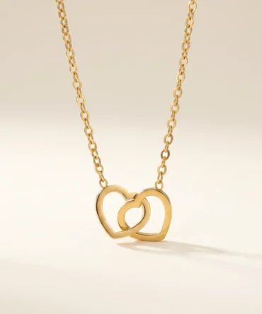 Gold plated double heart pendant necklace on fine chain for women