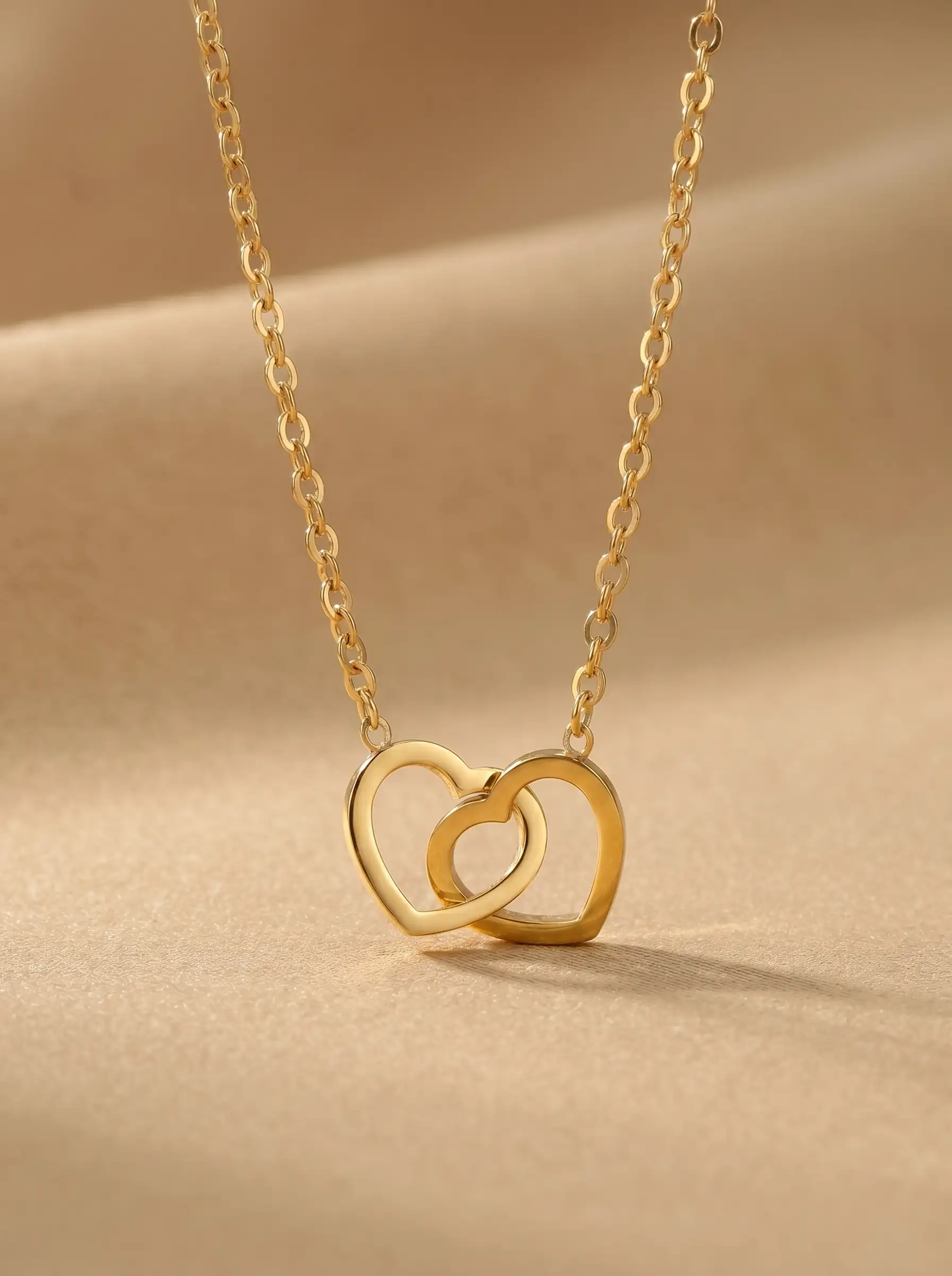Gold plated double heart pendant necklace on fine chain for women