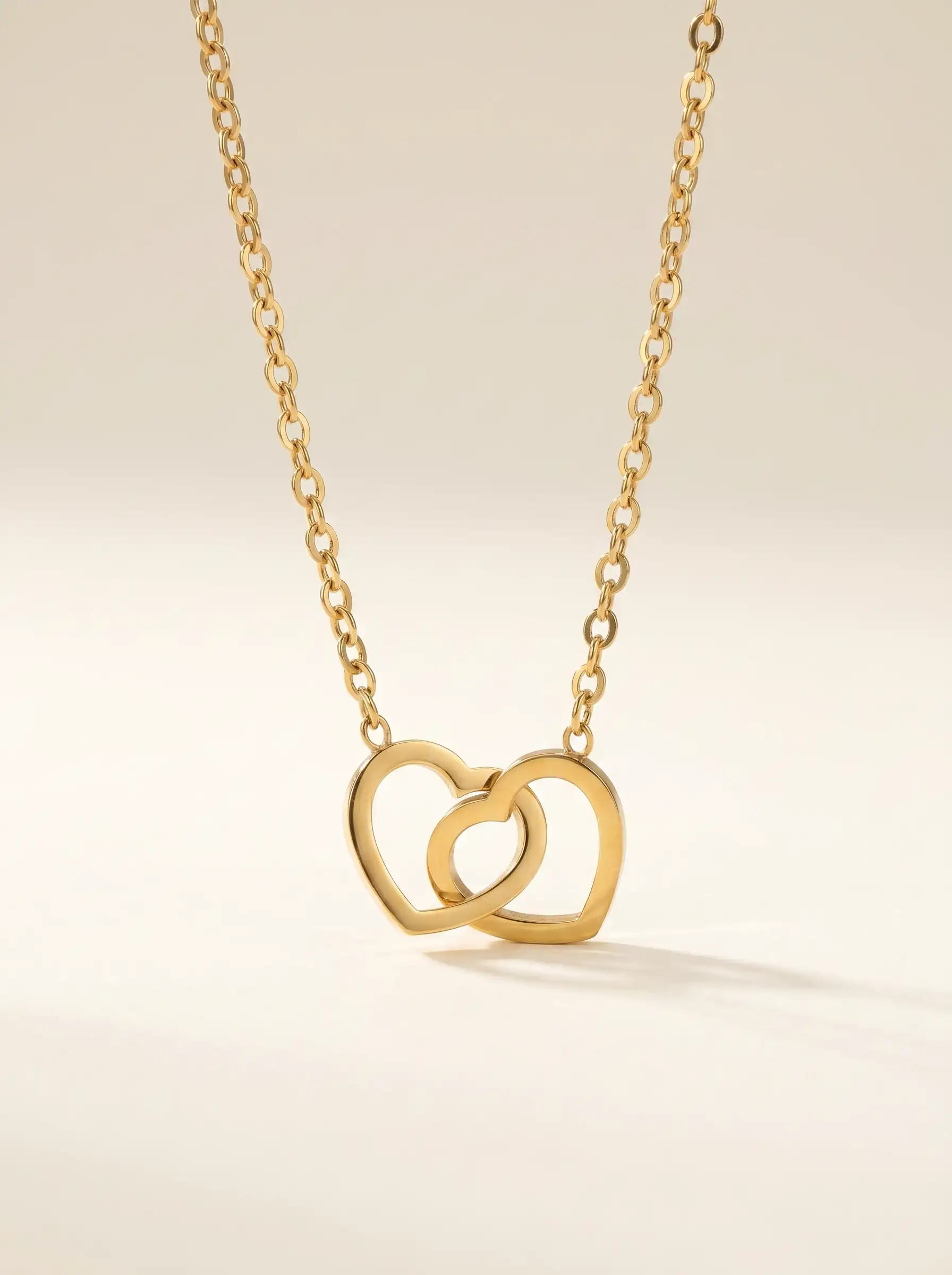 Gold plated double heart pendant necklace on fine chain for women