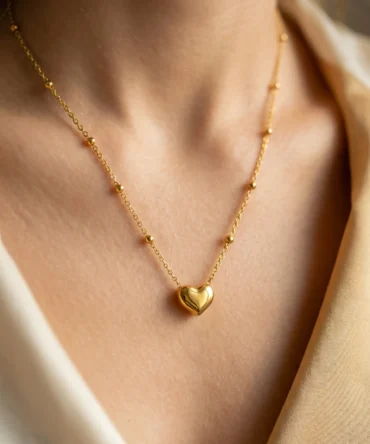 Gold plated heart pendant necklace with beaded chain for women