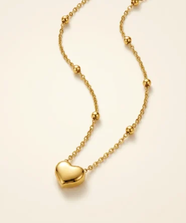 Gold plated heart pendant necklace with beaded chain for women