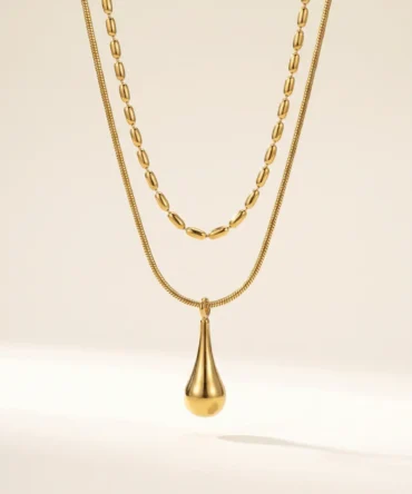 Gold plated layered necklace with teardrop pendant for women