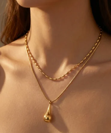 Gold plated layered necklace with teardrop pendant for women