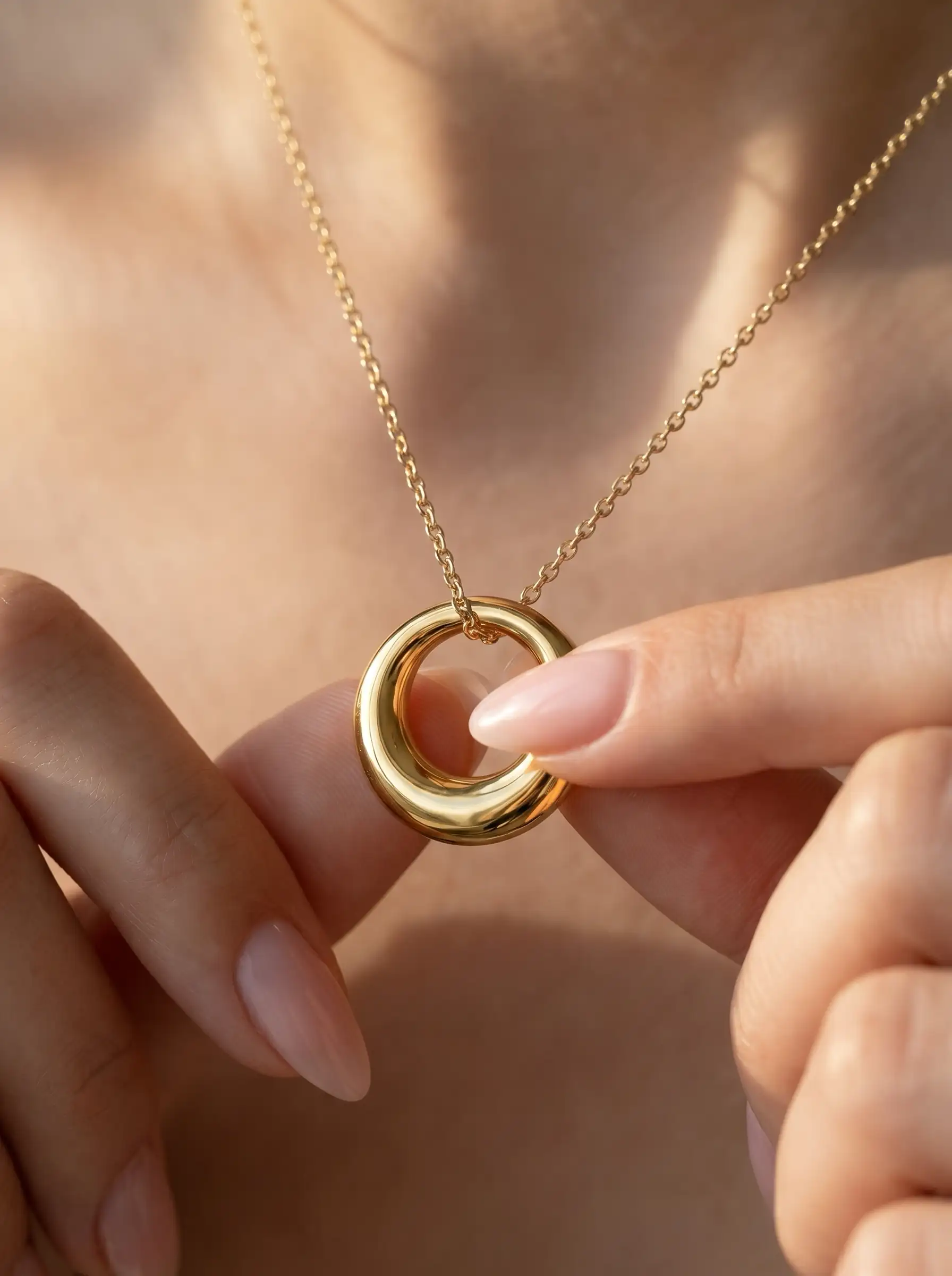 Gold tone circular pendant necklace with smooth polished geometric ring design for women