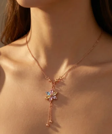 Rose gold plated floral necklace with pastel stones and drop chain tassel for women
