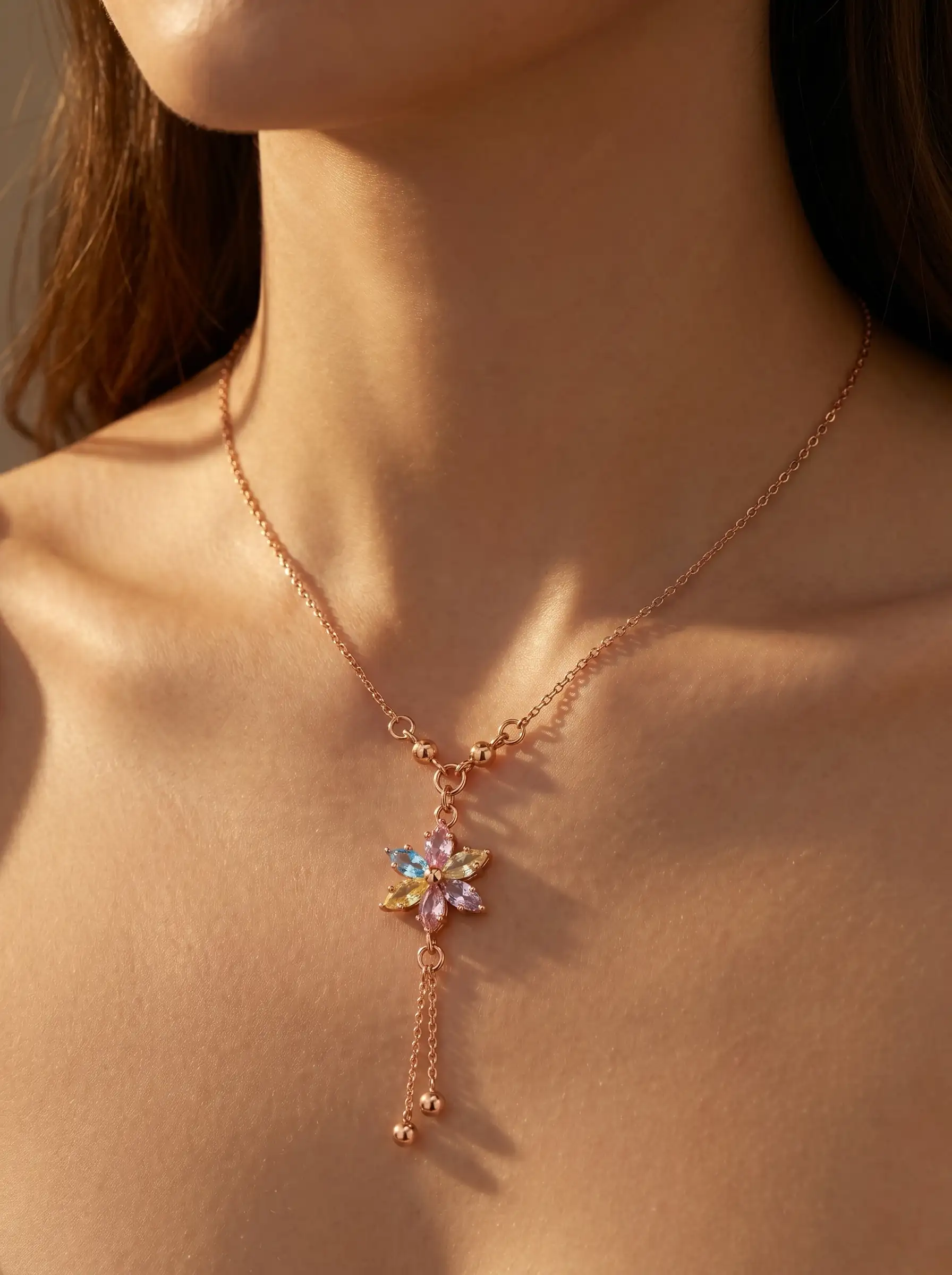 Rose gold plated floral necklace with pastel stones and drop chain tassel for women