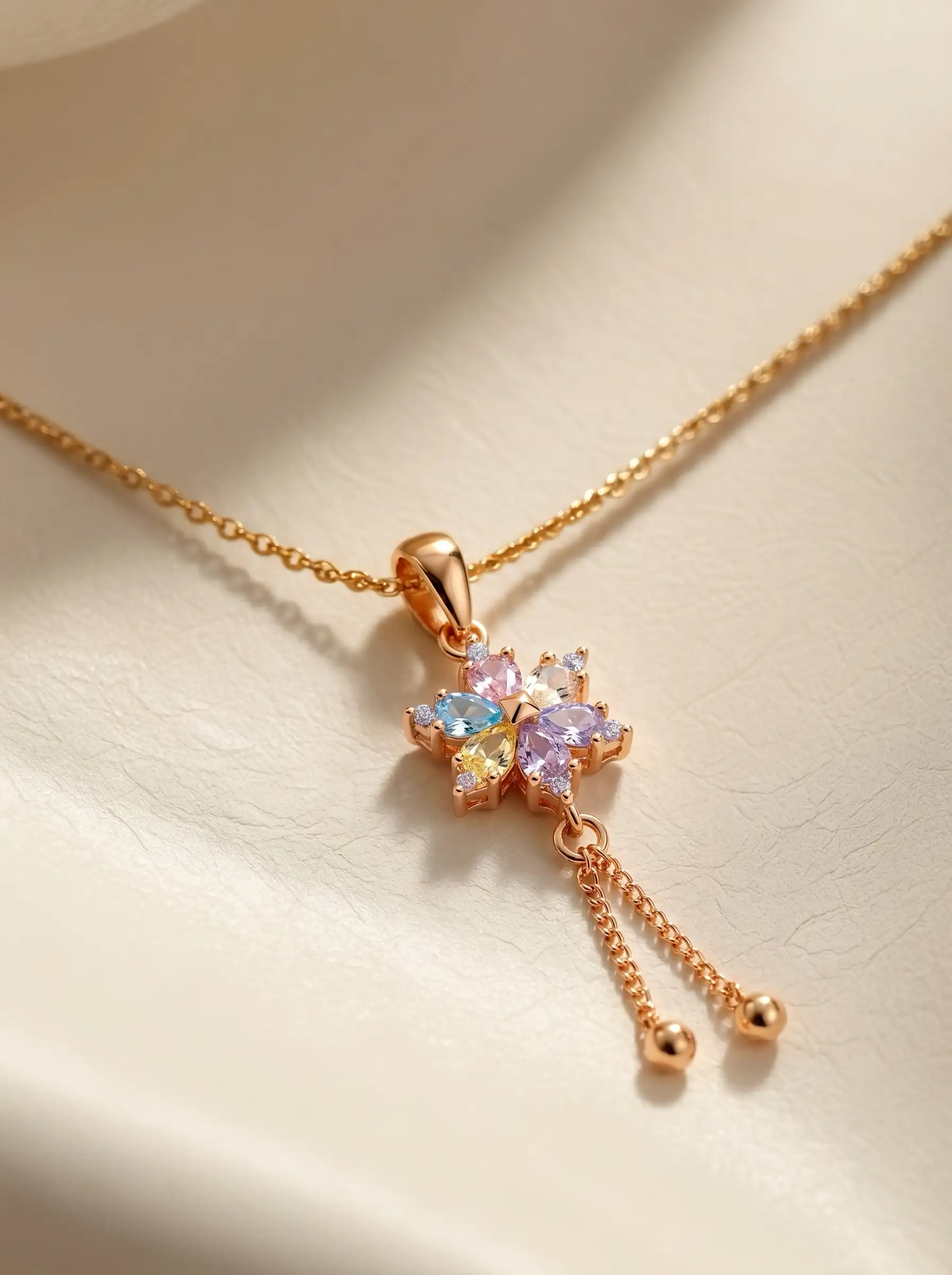 Rose gold plated floral necklace with pastel stones and drop chain tassel for women