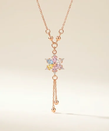 Rose gold plated floral necklace with pastel stones and drop chain tassel for women
