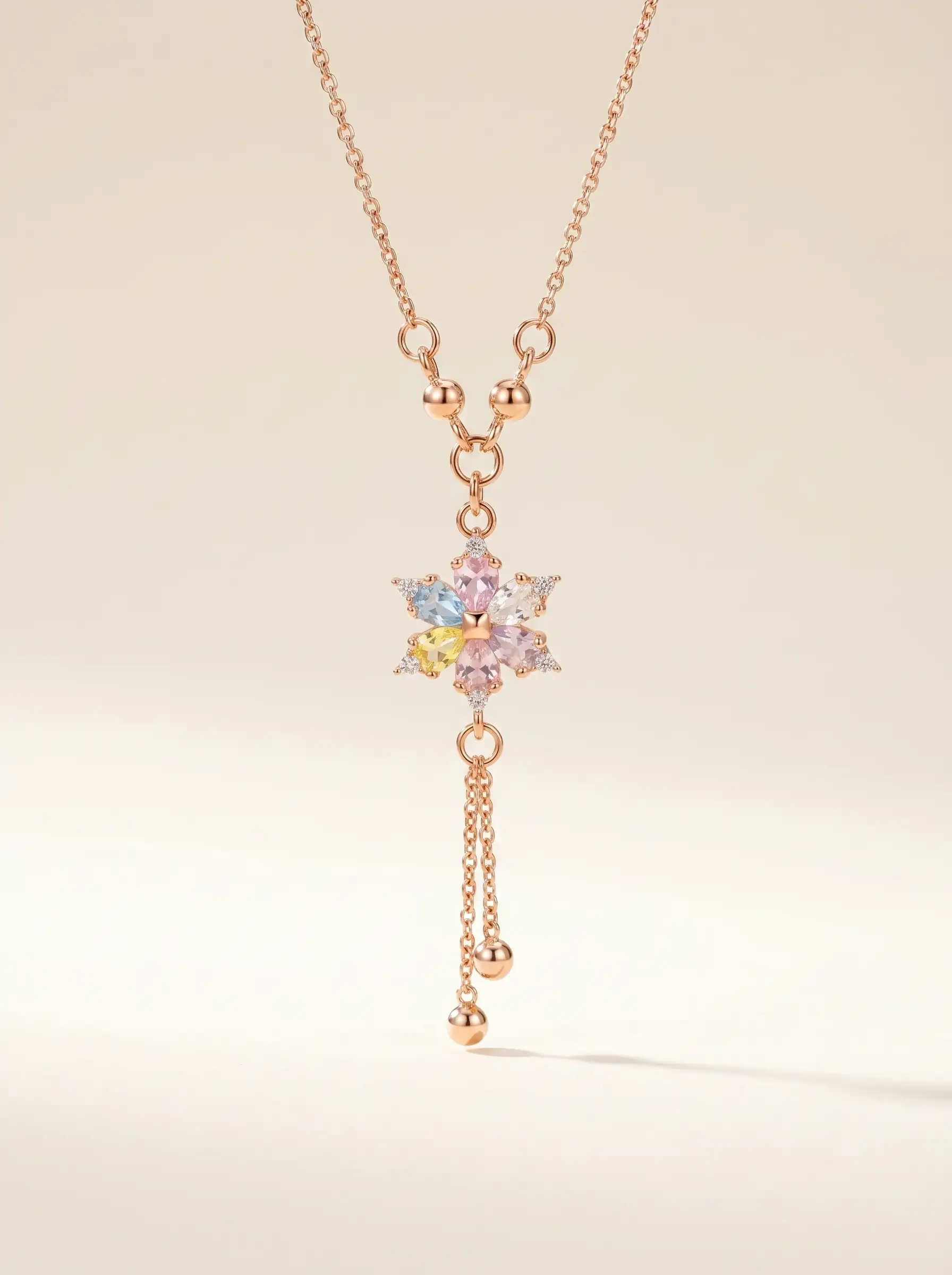 Rose gold plated floral necklace with pastel stones and drop chain tassel for women