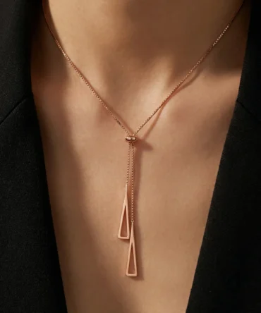 Rose gold plated geometric tassel necklace with adjustable pull chain for women