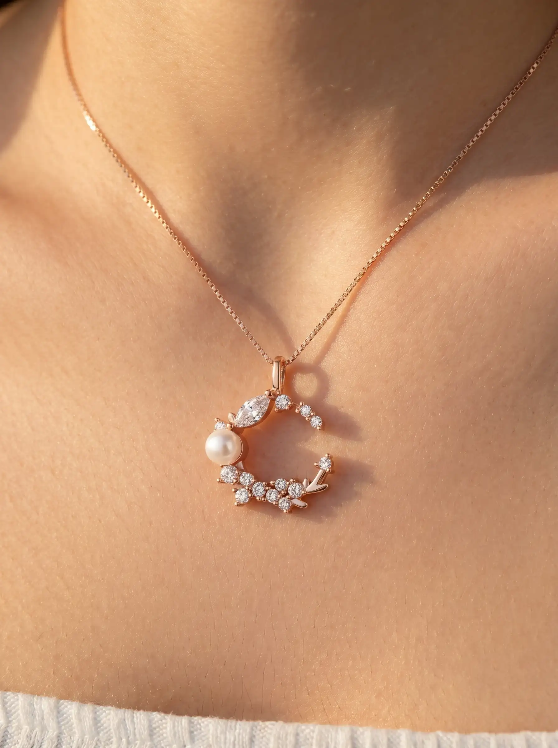 Rose gold tone moon shaped pendant with crystal cluster and pearl detail for women