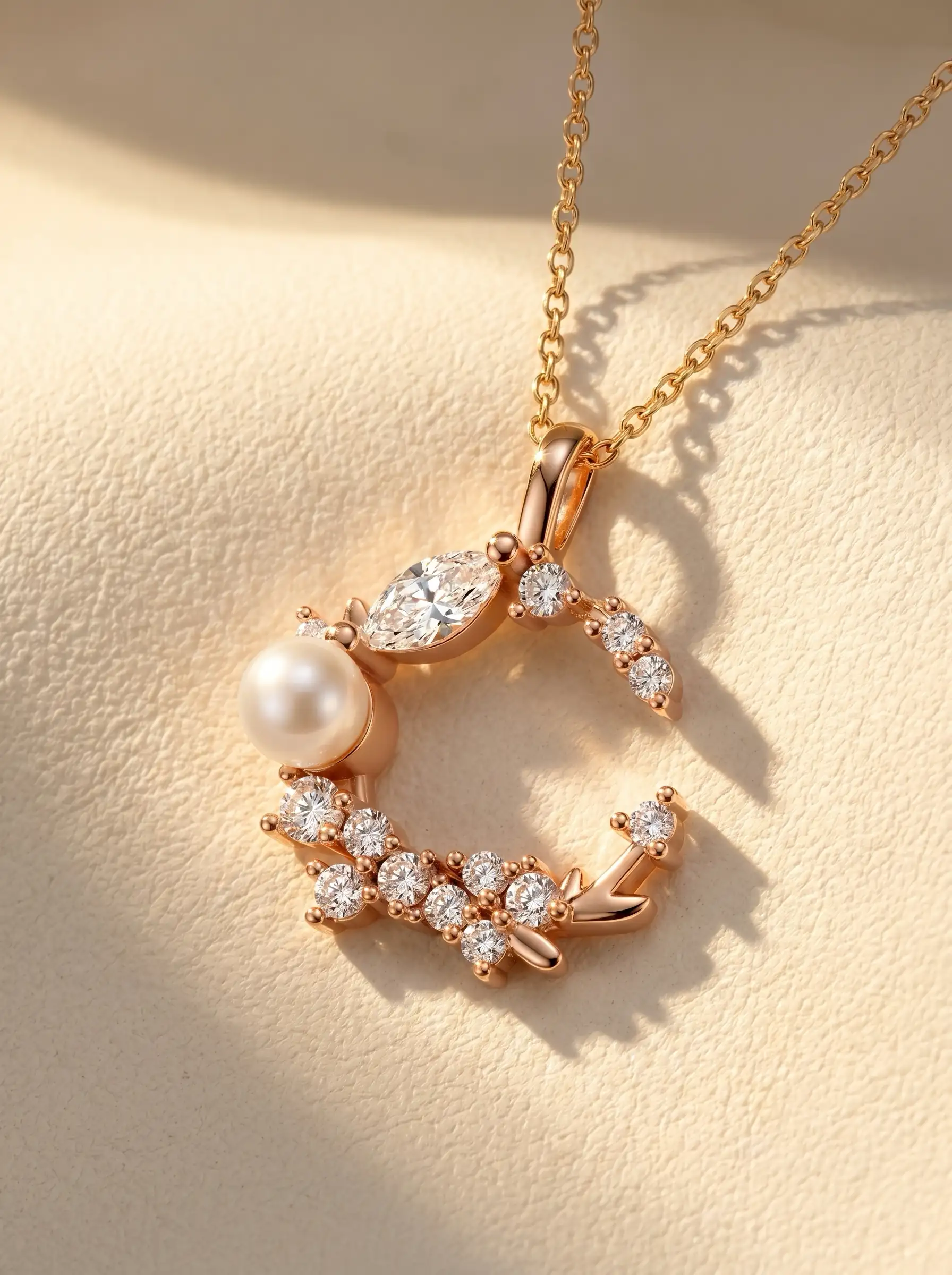 Rose gold tone moon shaped pendant with crystal cluster and pearl detail for women