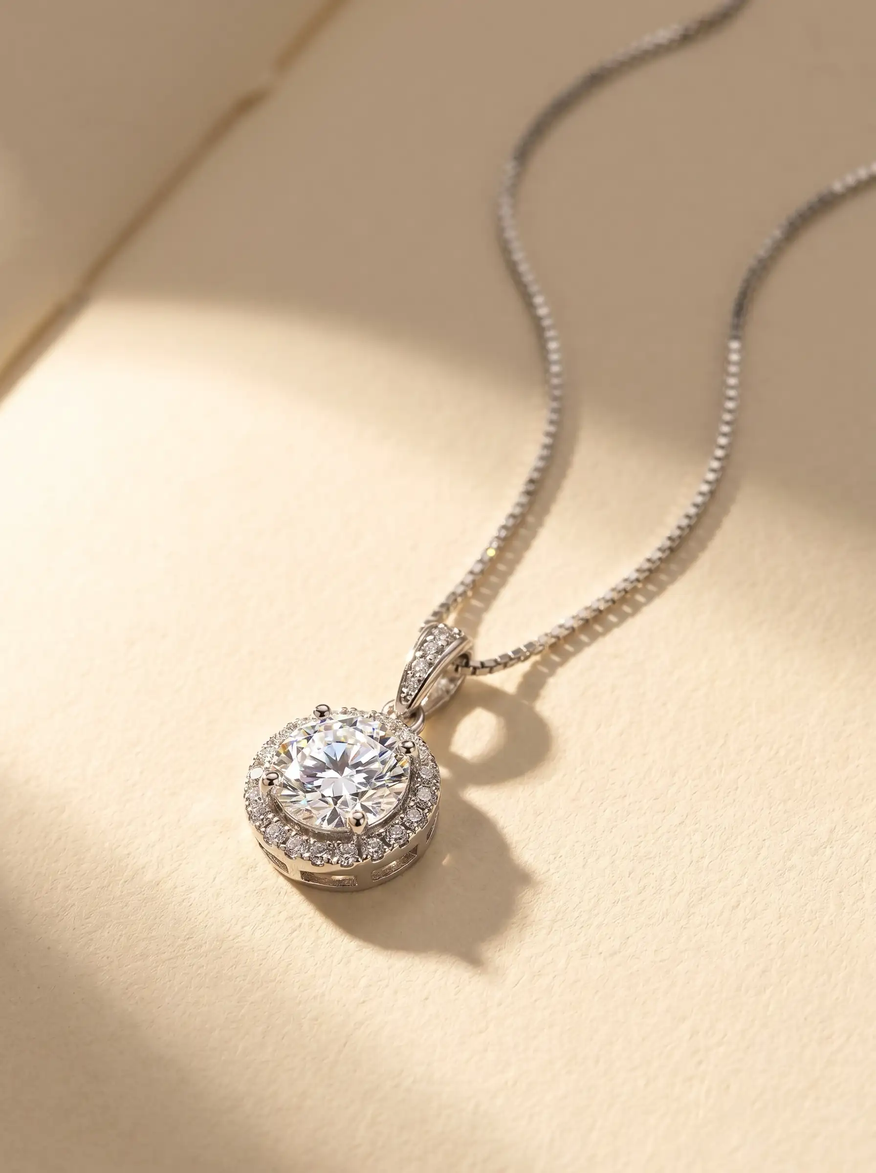 Silver tone circular solitaire pendant with crystal halo setting on chain for women
