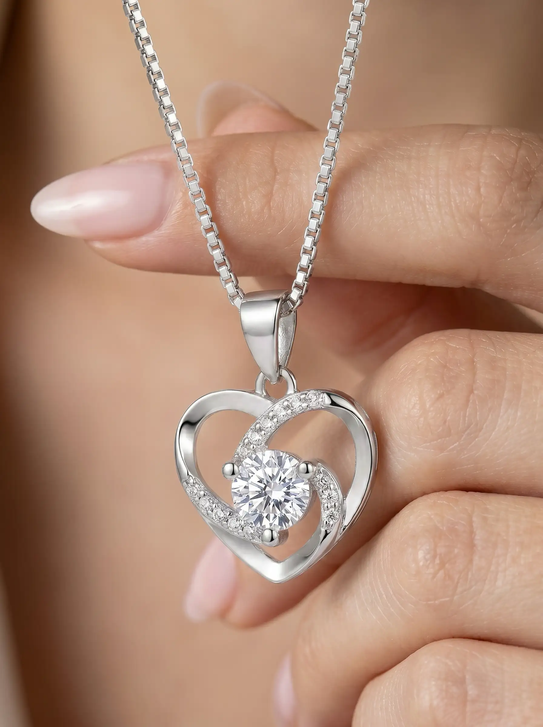 Silver tone heart shaped pendant with central crystal and curved studded detailing for women