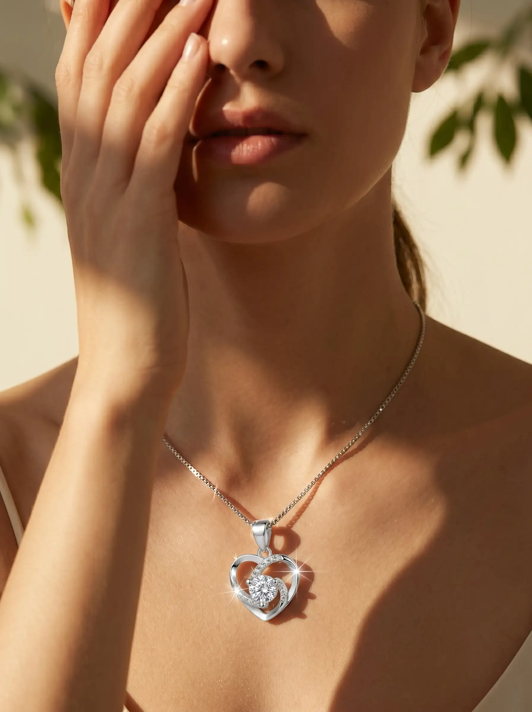Silver tone heart shaped pendant with central crystal and curved studded detailing for women