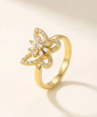 Gold plated butterfly shaped adjustable ring with crystal detailing for women