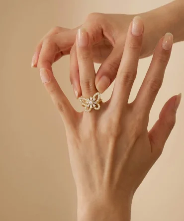 Gold plated butterfly shaped adjustable ring with crystal detailing for women