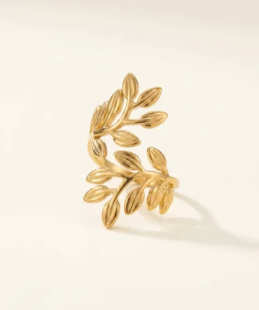 Gold plated leaf themed adjustable ring with anti tarnish finish for women
