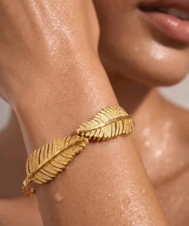 Gold plated anti tarnish bracelet with textured leaf motifs for women
