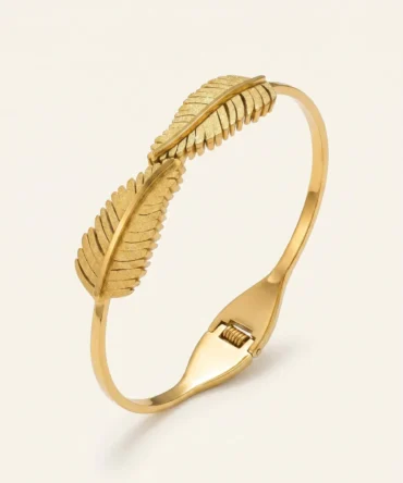 Gold plated anti tarnish bracelet with textured leaf motifs for women