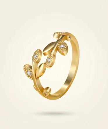 Gold plated adjustable leaf inspired finger ring with American diamond accents for women