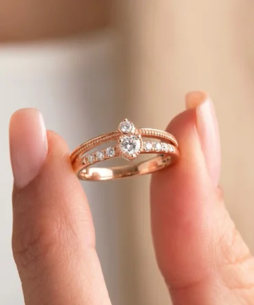 Rose gold plated stacked ring with diamond finish crystals and round centre stone for women