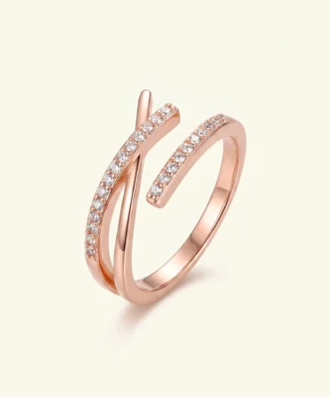 Rose gold plated adjustable crossover ring with American diamond detailing for women