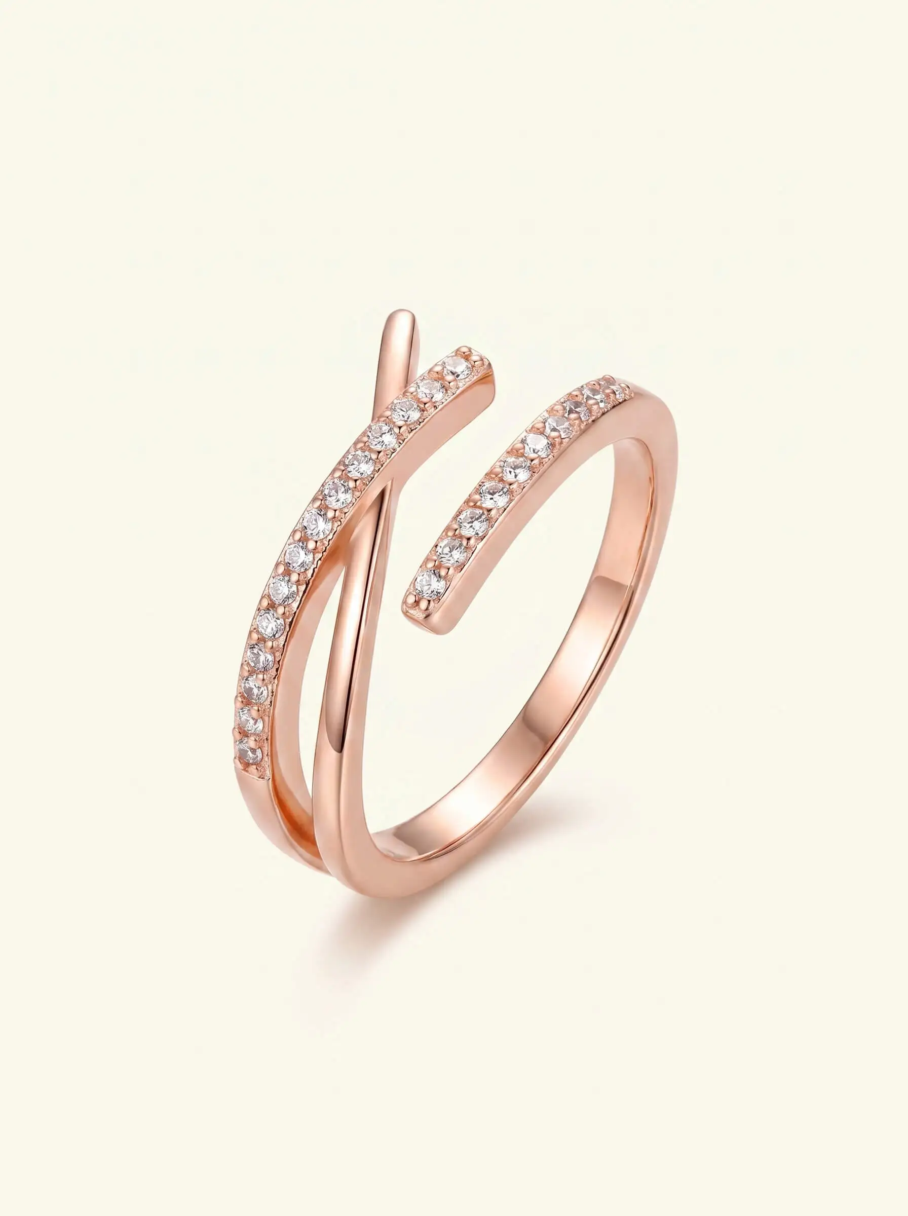 Rose gold plated adjustable crossover ring with American diamond detailing for women