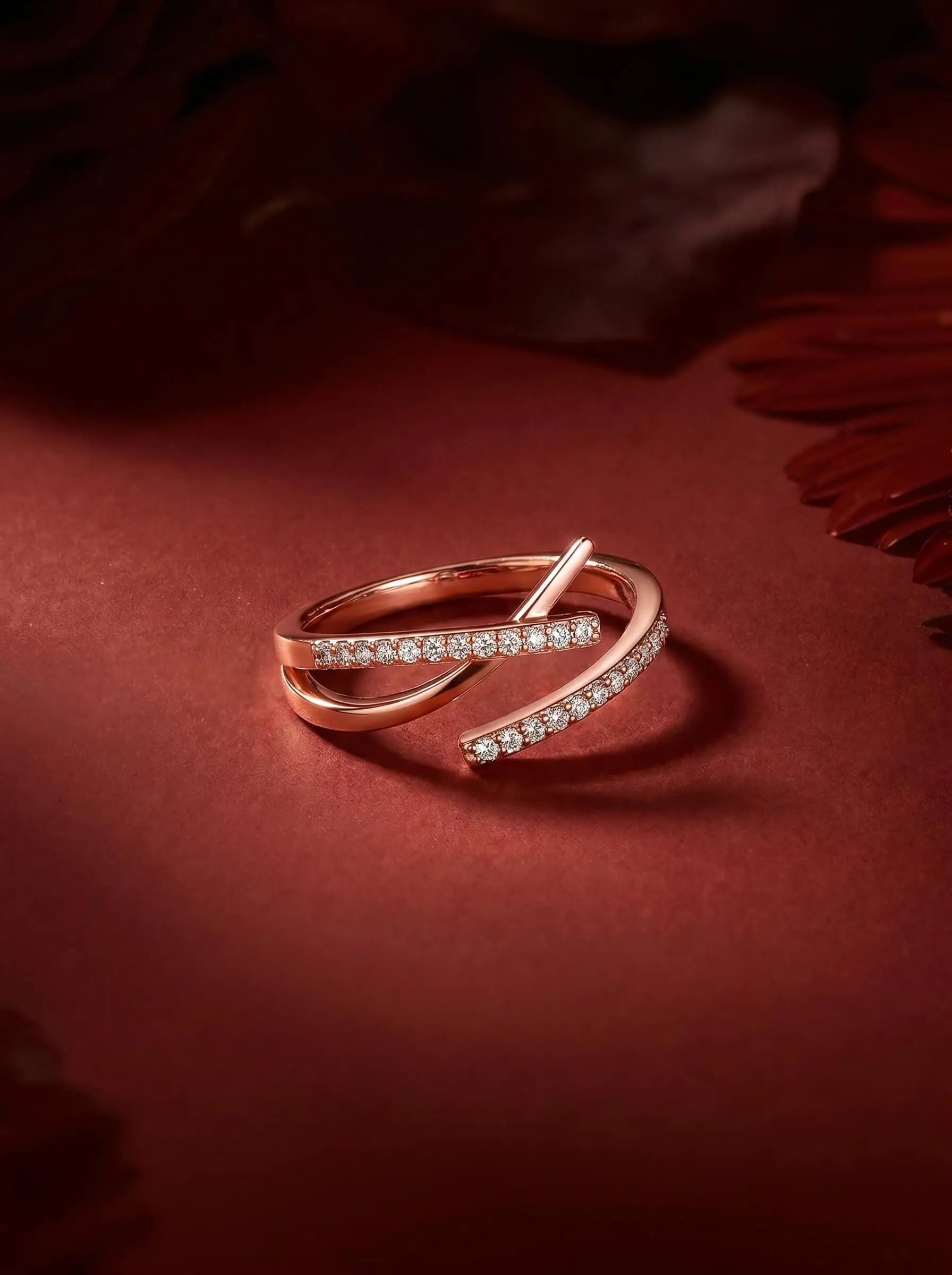 Rose gold plated adjustable crossover ring with American diamond detailing for women