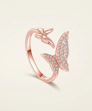 Rose gold plated butterfly finger ring with American diamond detailing for women