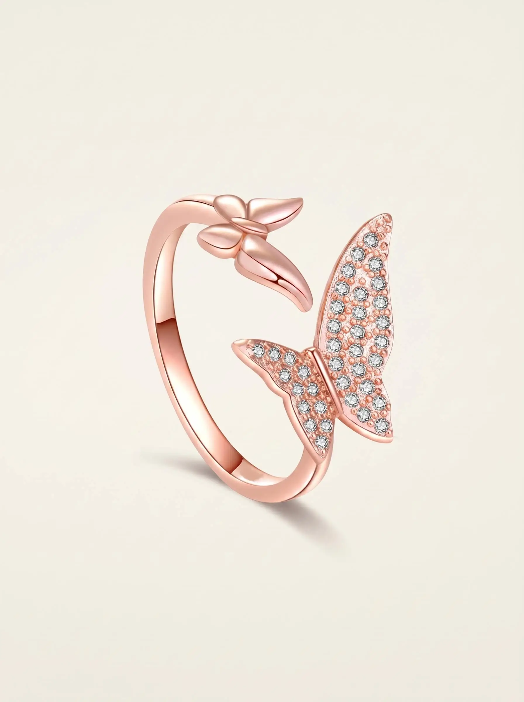 Rose gold plated butterfly finger ring with American diamond detailing for women