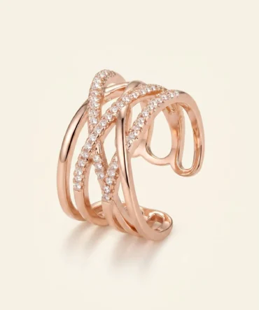 Rose gold plated contemporary crossover ring with crystal detailing for women