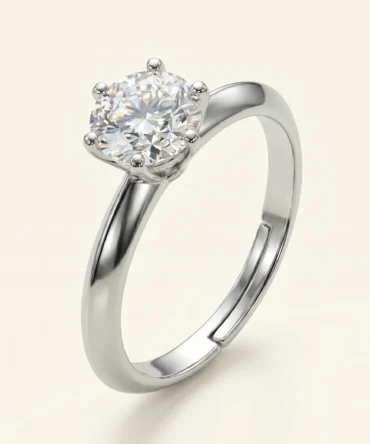 Silver plated adjustable solitaire ring with diamond finish crystal for women