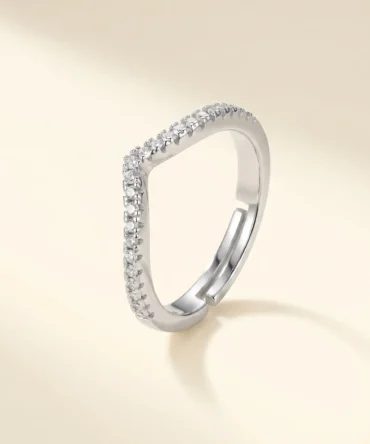Silver plated V shape adjustable ring with diamond finish crystals for women